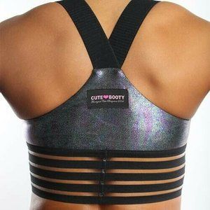 New Womens Cute Booty Athletic Top Sports Bra Racerback Oil Slick Black Blue M